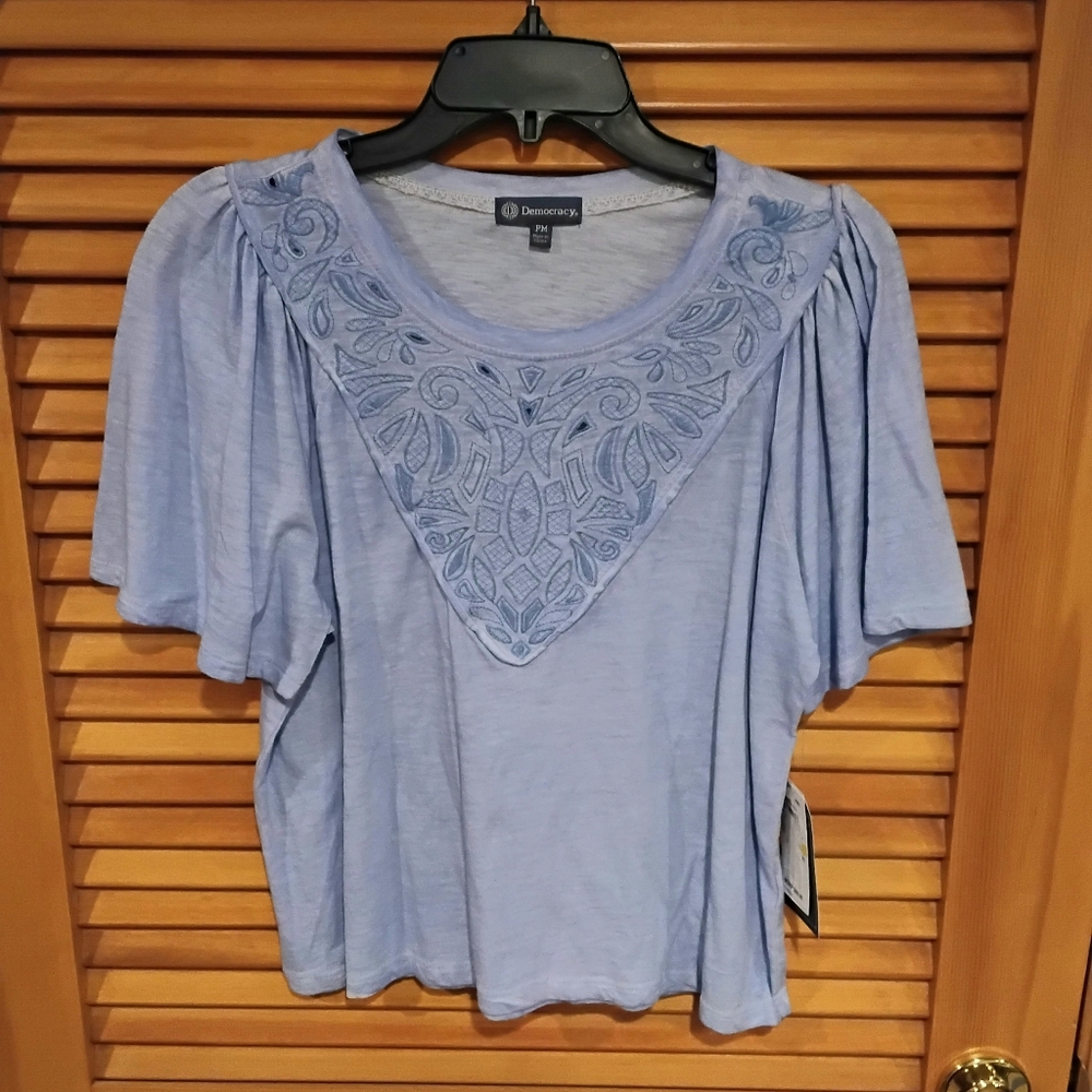 NWT Democracy Blue Embroidered Yoke Top PM Firm Price